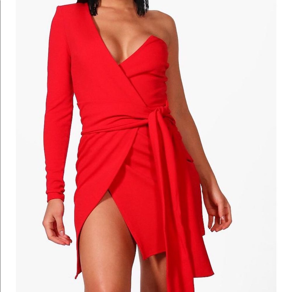 Boohoo one shoulder wrap detail bodycon dress